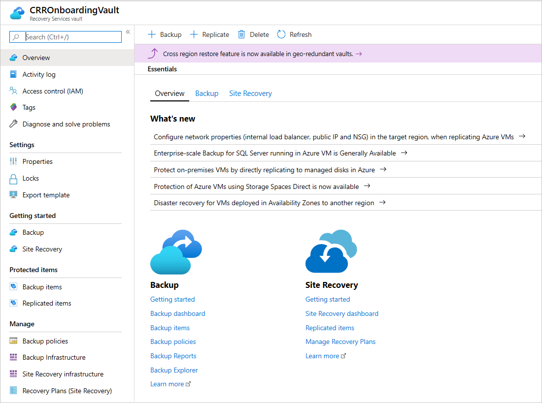 azure backup and site recovery screenshot